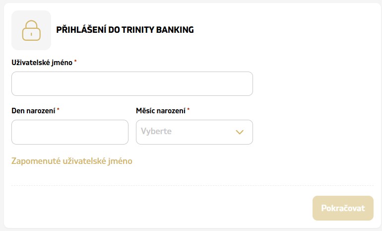 Přihlašovací formulář TRINITY Banking s&nbsp;polem Uživatelské jméno a&nbsp;odkazem Zapomenuté uživatelské jméno.