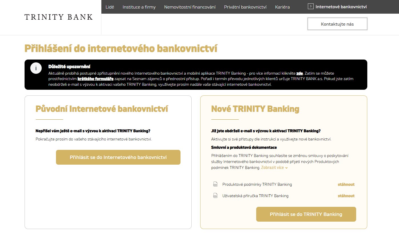 Web TRINITY BANK: vpravo nahoře pole Internetové bankovnictví, na&nbsp;stránce přihlášení tlačítko Přihlásit se do&nbsp;TRINITY Banking.
