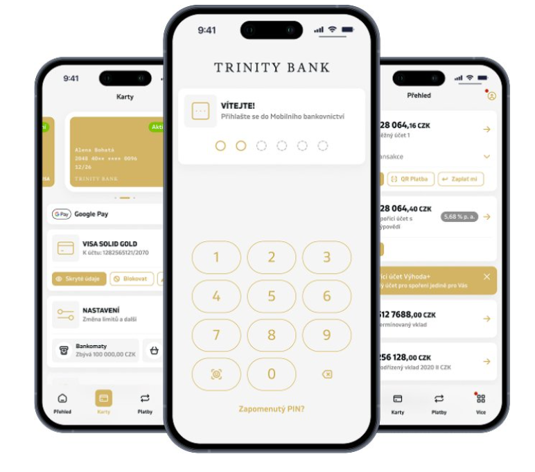 Mobilní aplikace TRINITY Banking – přihlášení PINem, přehled účtů a&nbsp;karty.